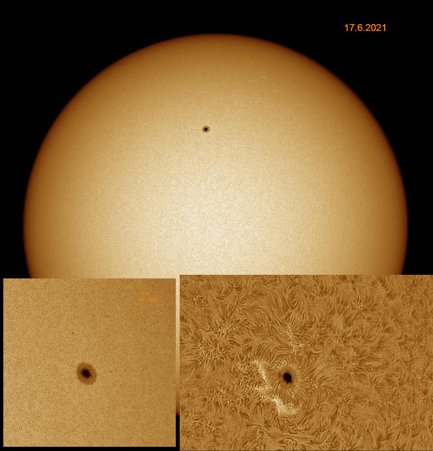 Sonne am 17.6.2021 Weißlicht vs. H-Alpha, Aktive Region 2833 