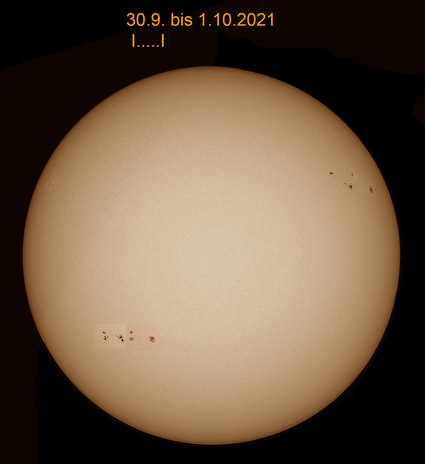 Sonne im Weißlicht vom 30.9.2021 überlagert mit der vom 1.10.2021  